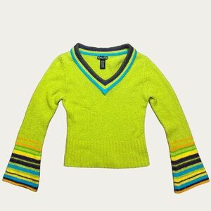 Rubber Doll Y2K Fuzzy Lime Green V-Neck Sweater with Multicolor Flare Sleeves